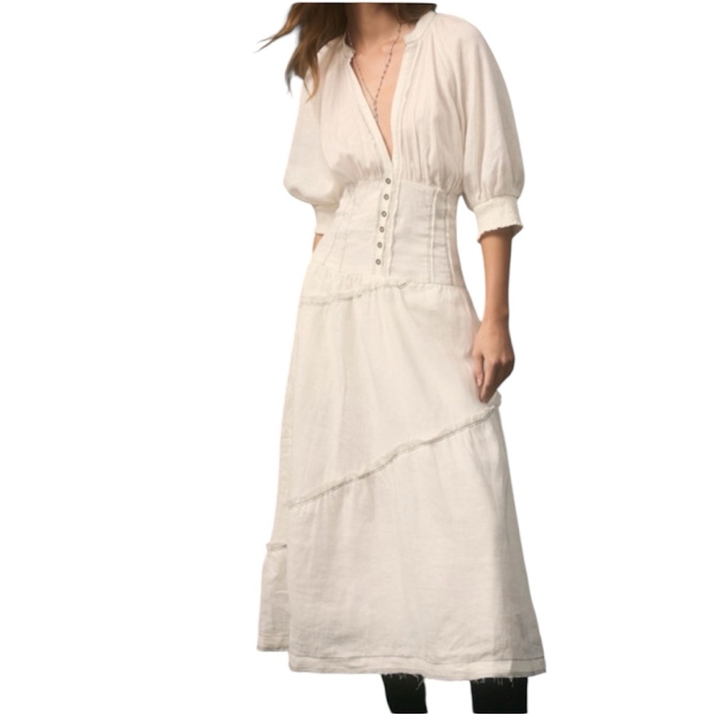 Anthropologie V-Neck Corset Midi Shirt Dress in Ivory